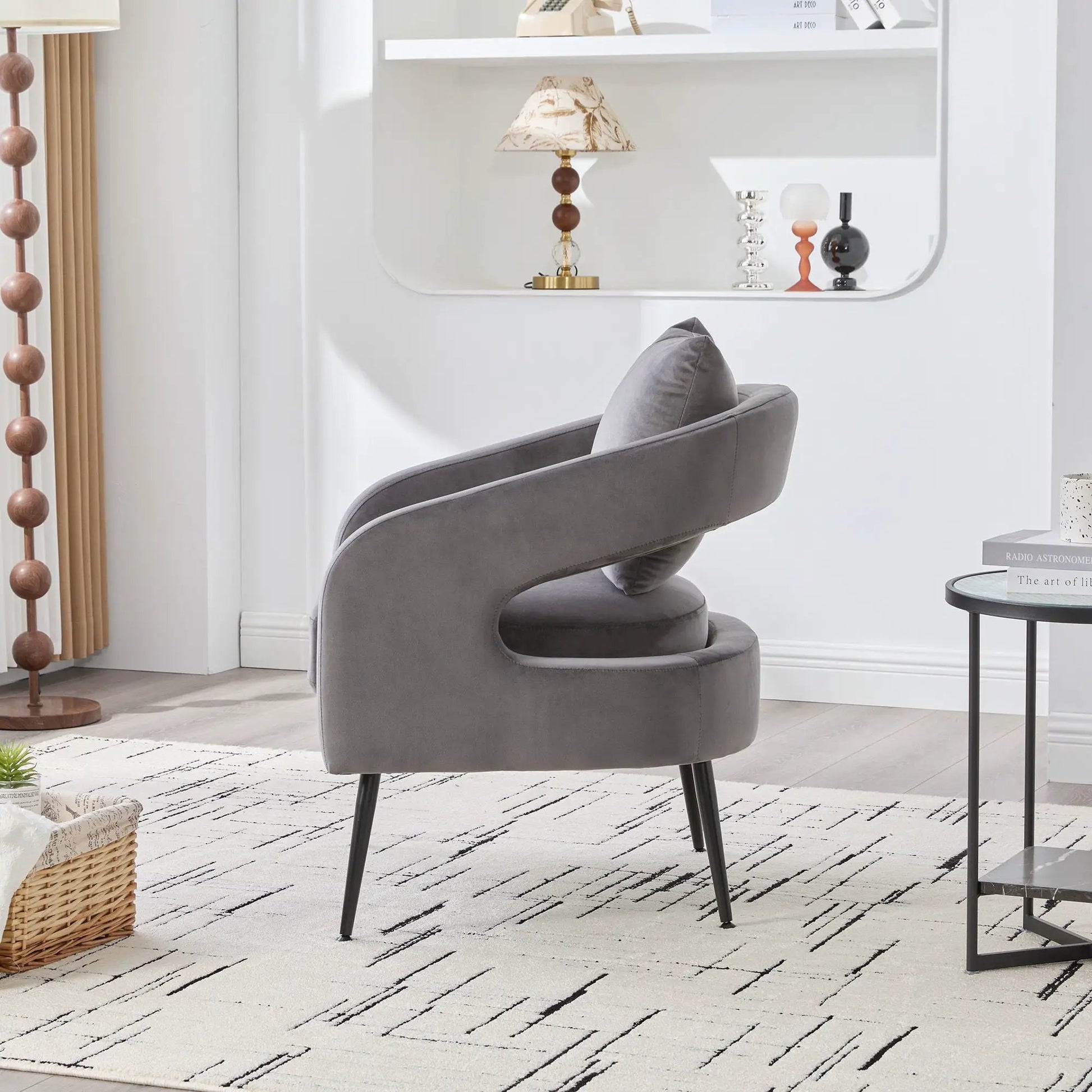 Open Back Accent Chair gray rounded lounge armchair with plush fabric and black metal legs by Unique Piece Furniture on Tampa Home & Garden Store