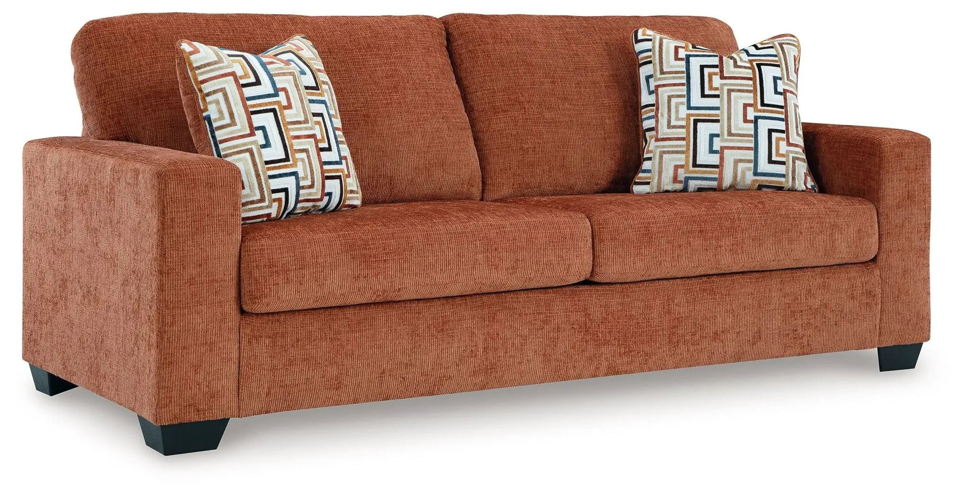 Aviemore Sofa Sleeper rust fabric with two geometric pillows Unique Piece Furniture on Tampa Home & Garden Store