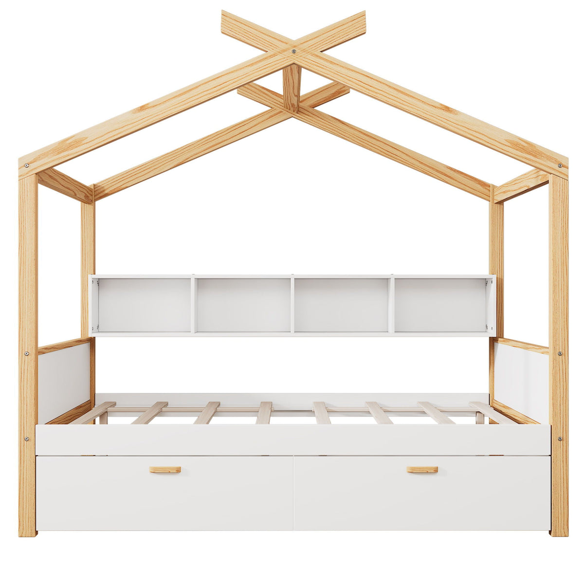 House Bed With Bookshelf Storage by HouseOfZazla in natural wood frame with white drawers on Tampa Home & Garden Store