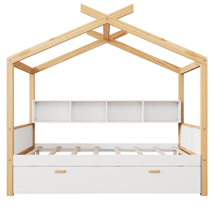 House Bed With Bookshelf Storage by HouseOfZazla in natural wood frame with white drawers on Tampa Home & Garden Store