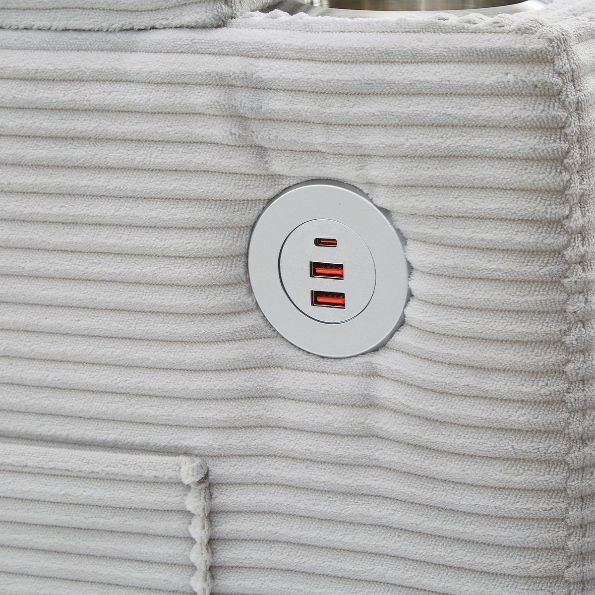 U-shaped sleeper sectional fabric in light gray with built-in round USB charging hub on Tampa Home & Garden Store