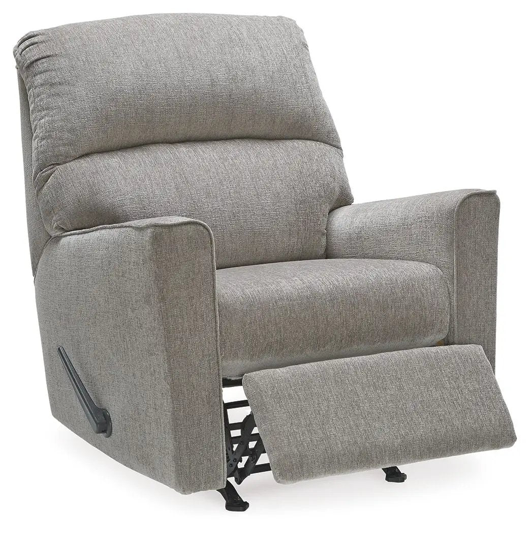 Altari Rocker Recliner, gray fabric upholstery, plush back cushions, extended footrest on Tampa Home & Garden Store