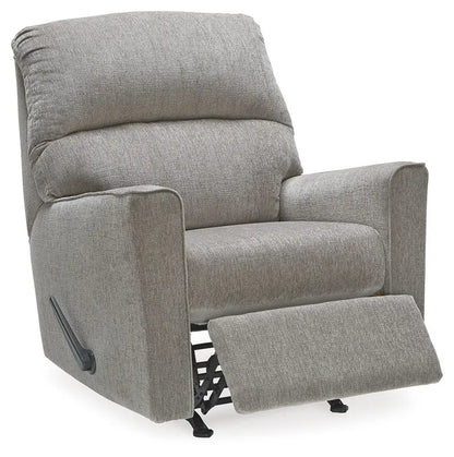 Altari Rocker Recliner, gray fabric upholstery, plush back cushions, extended footrest on Tampa Home & Garden Store