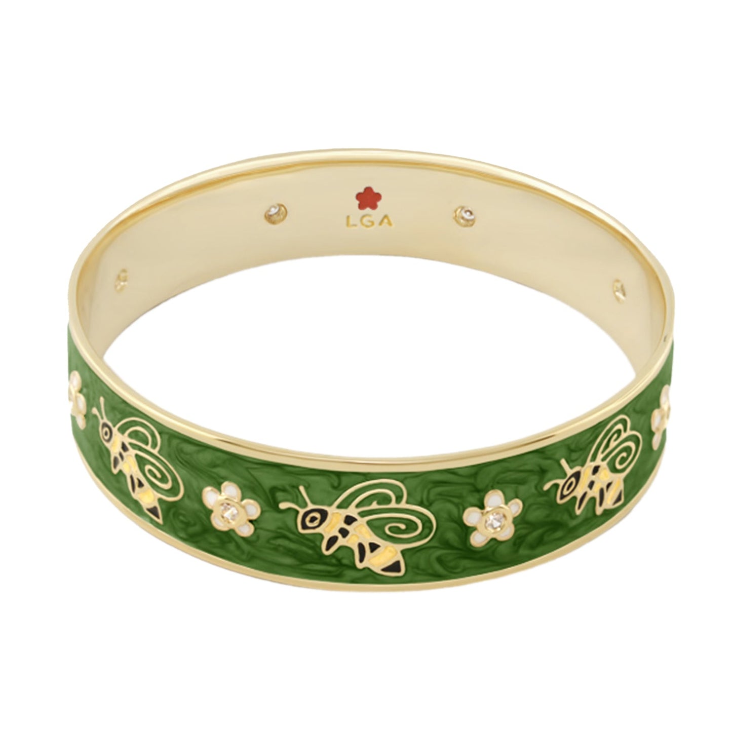 Animal Paradise Bangle Bee & Blossom bracelet in green enamel with gold bees and flowers LGA on Tampa Home & Garden Store