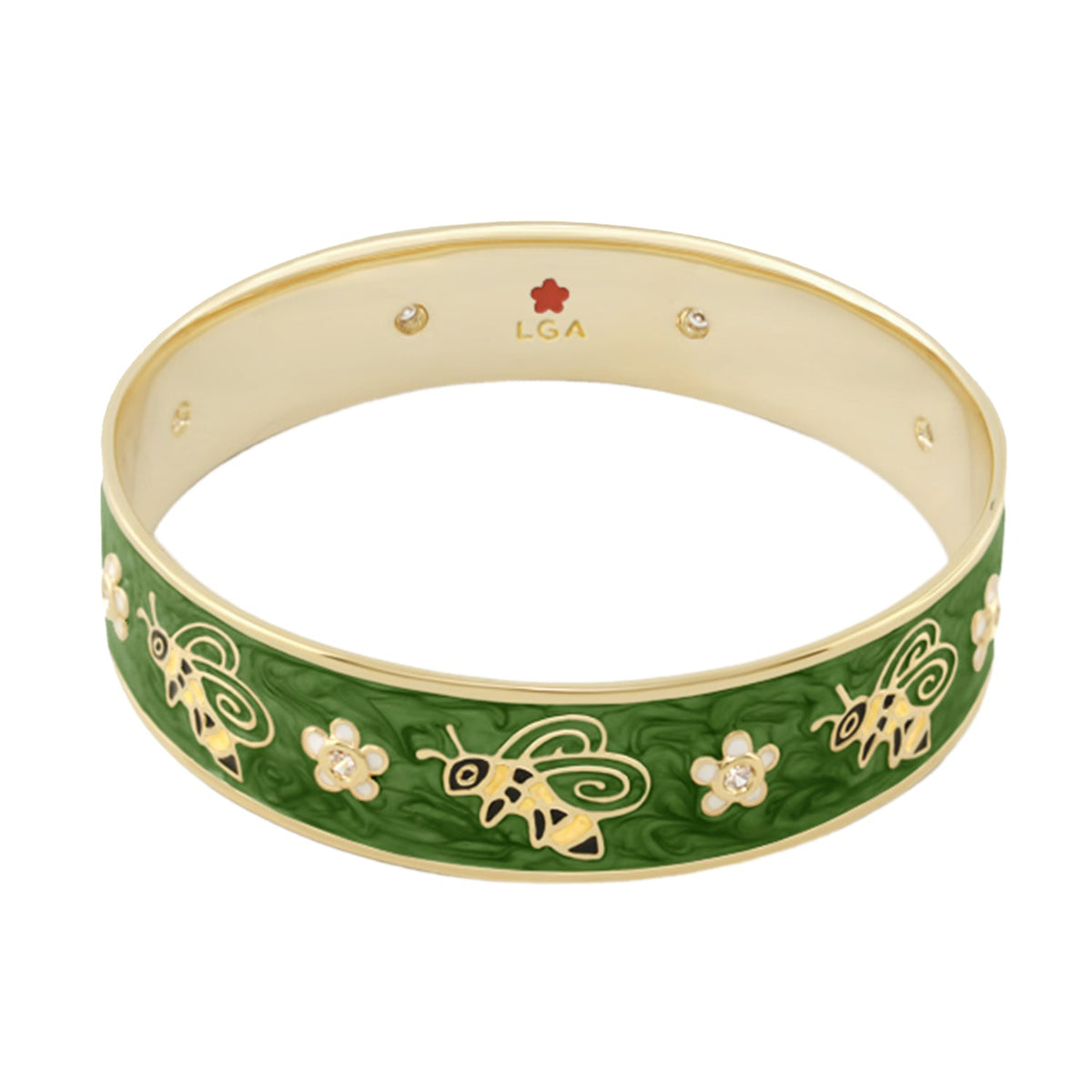 Animal Paradise Bangle Bee & Blossom bracelet in green enamel with gold bees and flowers LGA on Tampa Home & Garden Store