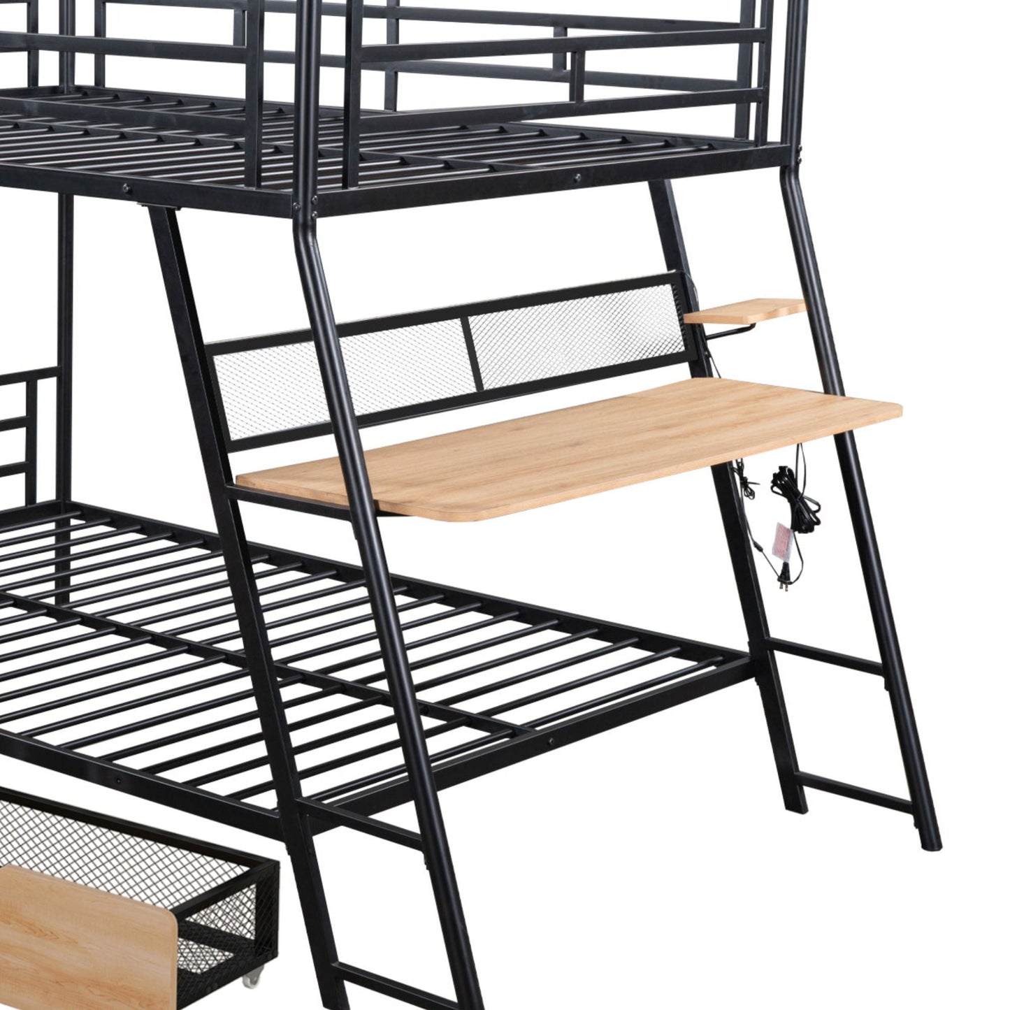 Full-size bunk bed with built-in desk, light, and 2 drawers in black by HouseOfZazla on Tampa Home & Garden Store