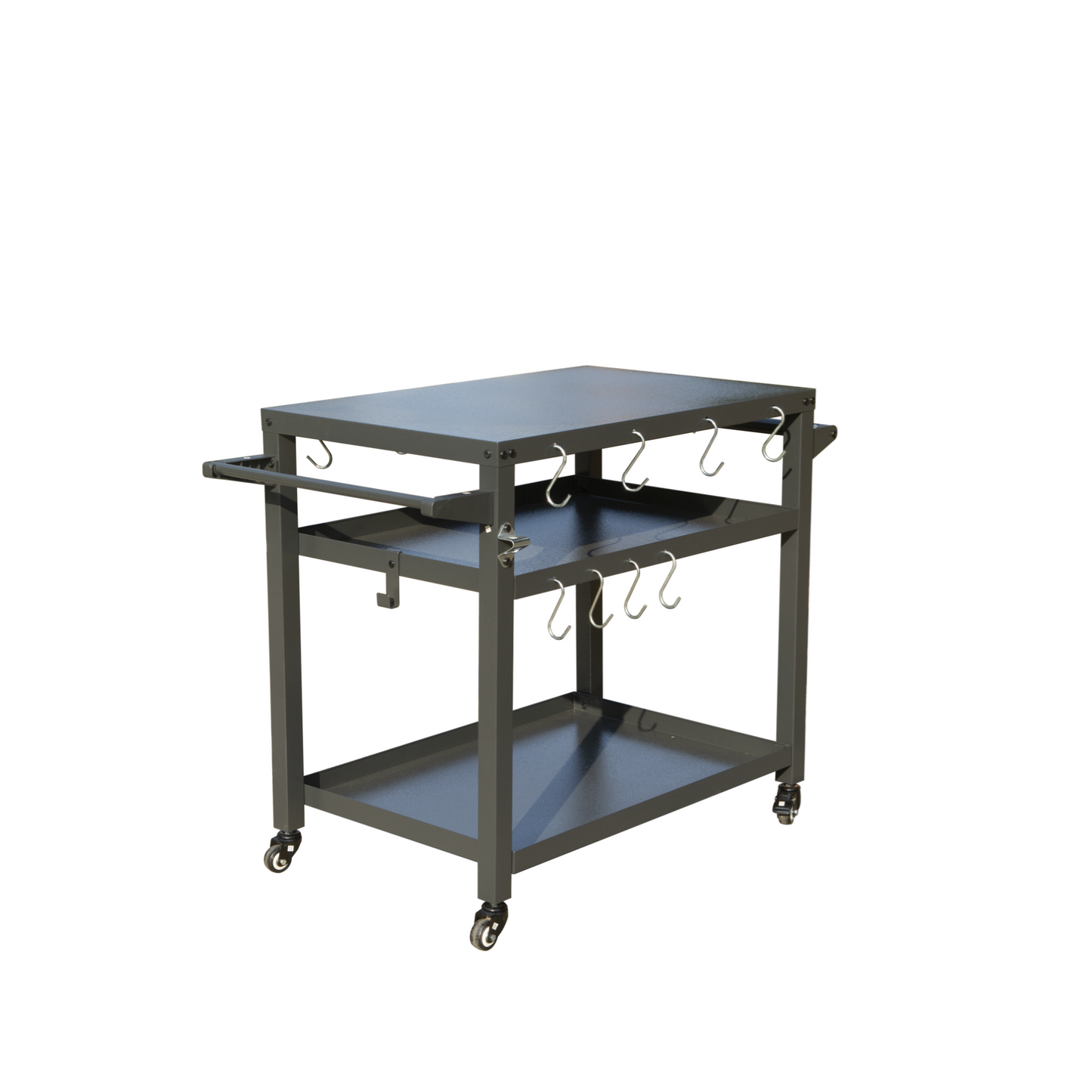 3-Shelf Outdoor Grill Table with Wheels in dark gray metal with hooks by HouseOfZazla on Tampa Home & Garden Store