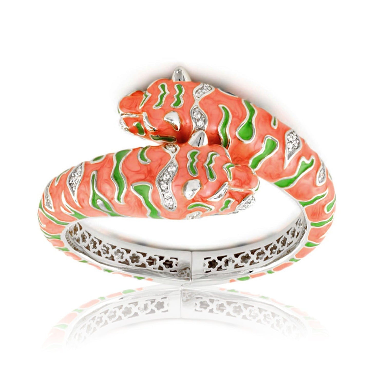 Tiger Head Wrap enamel bangle bracelet in coral pink with green accents and crystals on Tampa Home & Garden Store