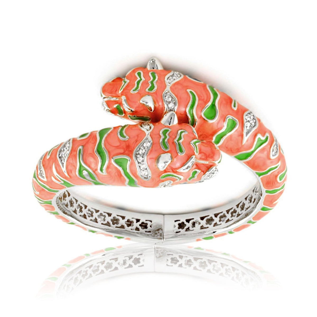 Tiger Head Wrap enamel bangle bracelet in coral pink with green accents and crystals on Tampa Home & Garden Store