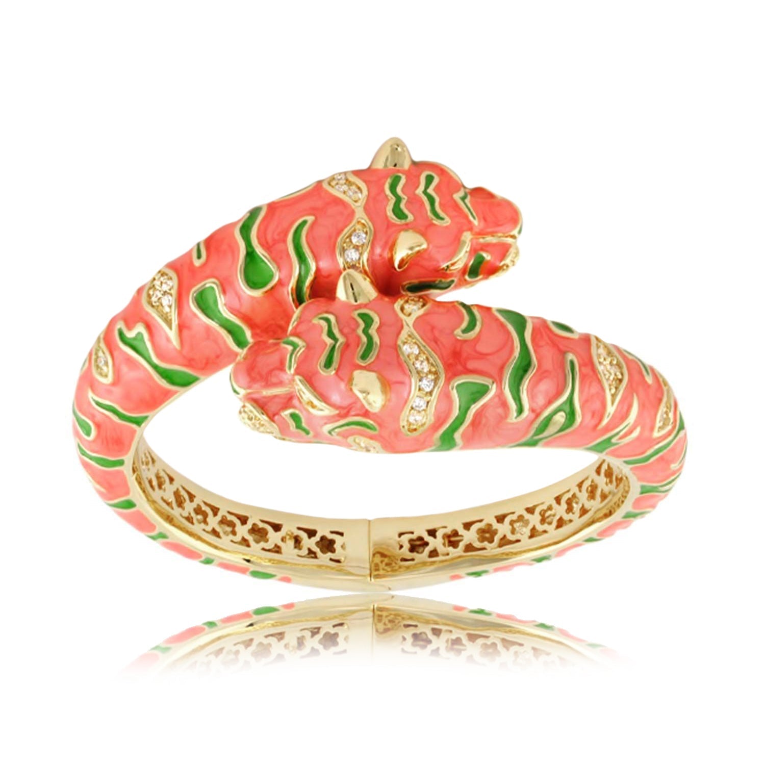 Enamel Tiger Head Wrap Bracelet by Lauren G Adams, coral pink with green accents and gold trim on Tampa Home & Garden Store