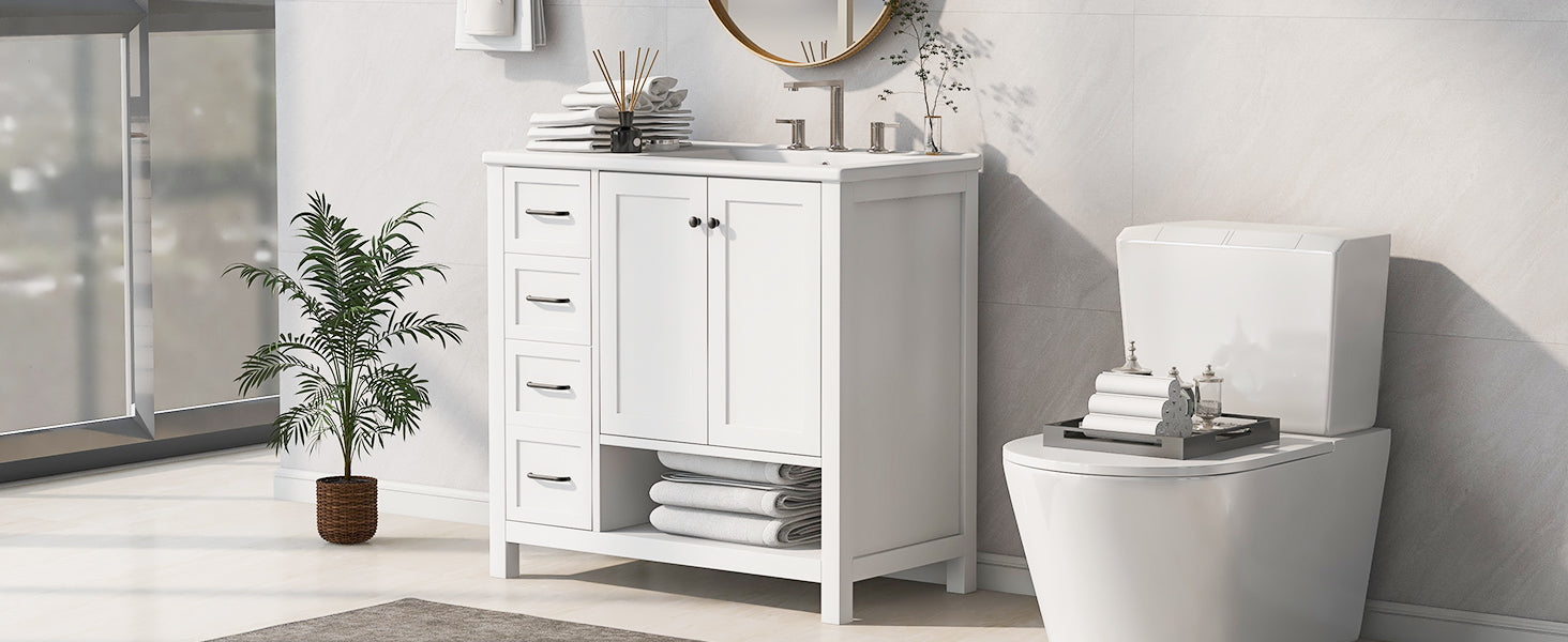 36-inch bathroom vanity with sink top and storage cabinet, white with drawers and cabinet on Tampa Home & Garden Store