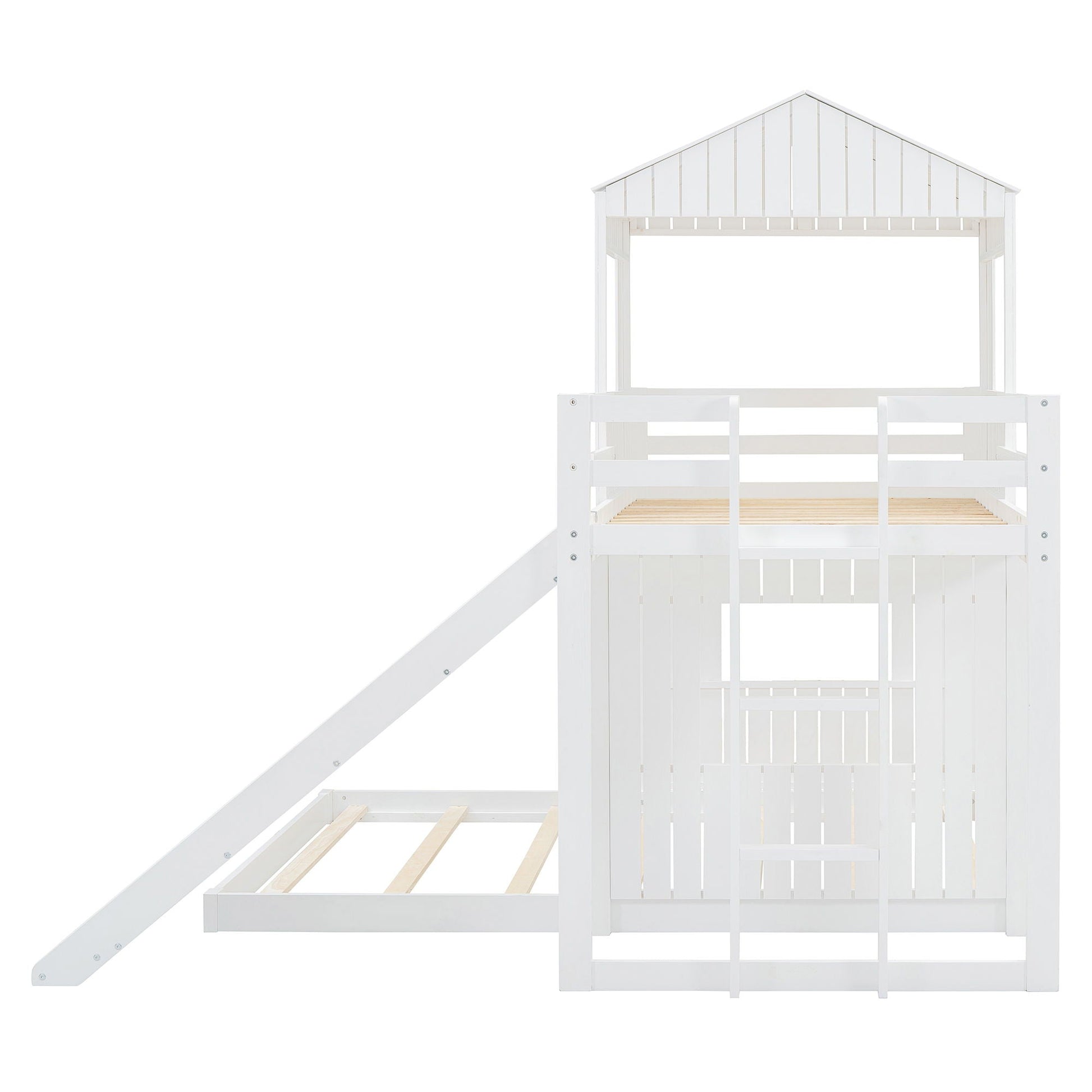 Loft Bunk Bed With Playhouse white wooden farmhouse finish with ladder and guardrails on Tampa Home & Garden Store