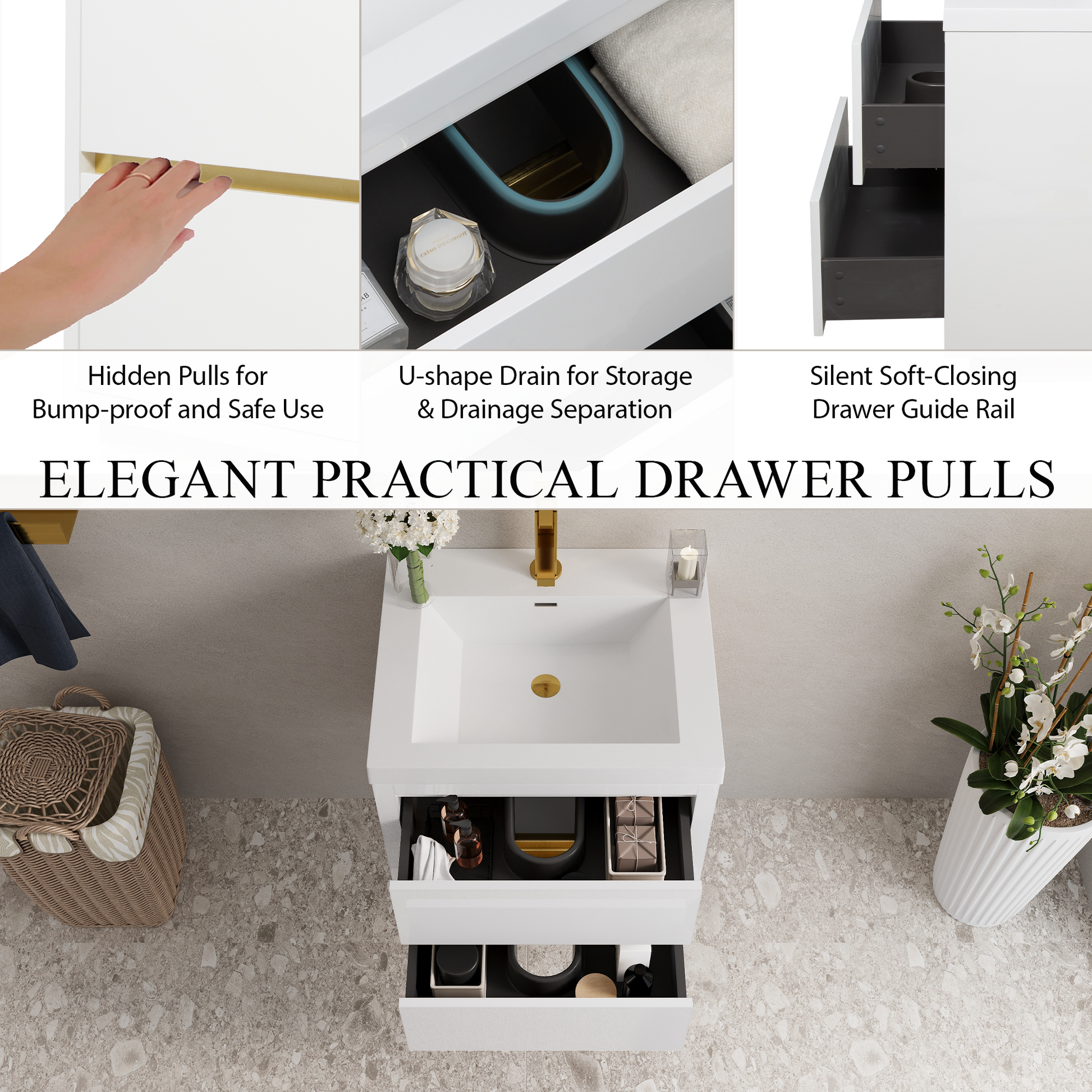 HouseOfZazla 24-inch wall-mounted bathroom vanity with sink, white finish, gold hardware on Tampa Home & Garden Store