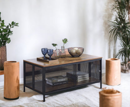 Winam Coffee Table, antique oak top with black metal mesh frame, HouseOfZazla on Tampa Home & Garden Store