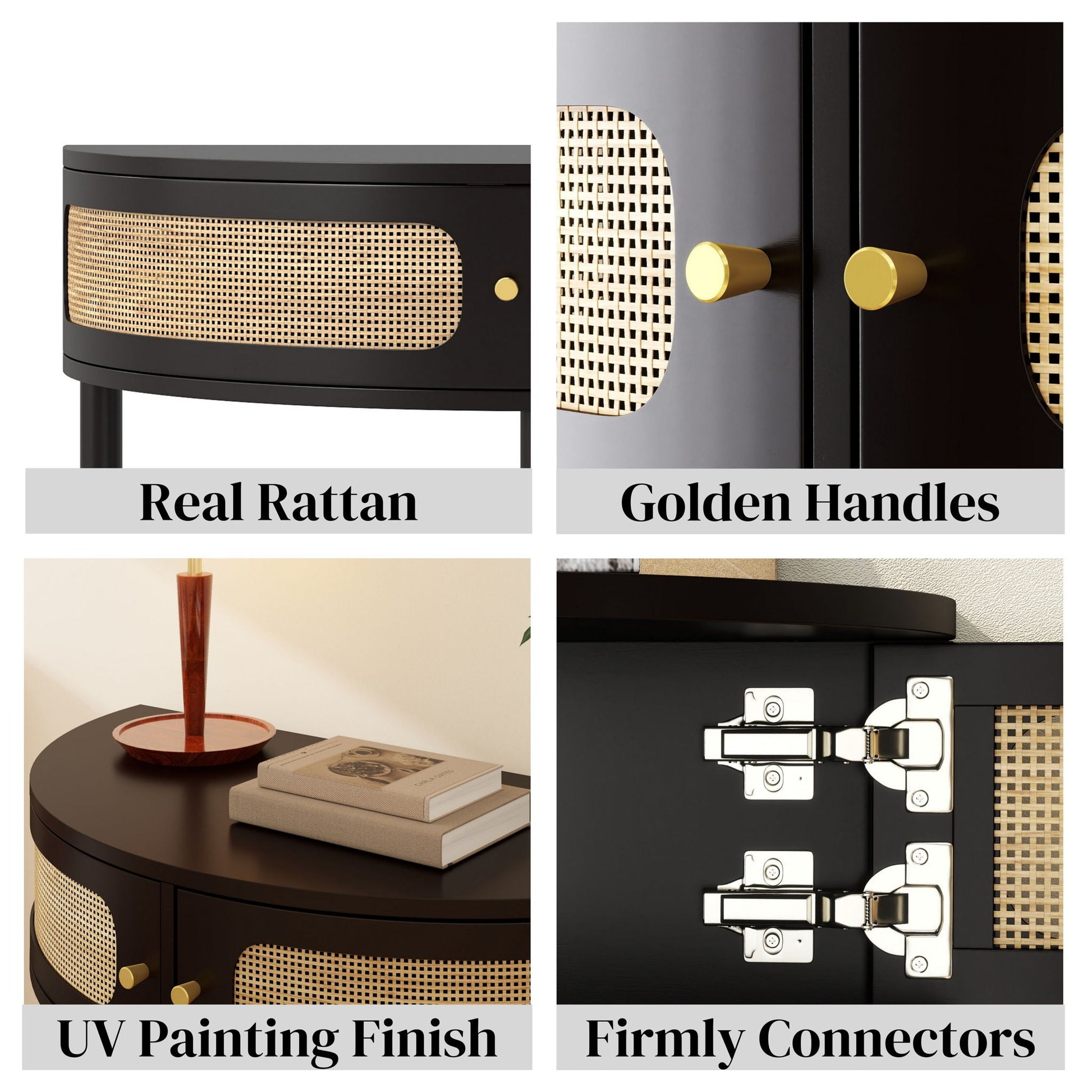 Boho Rattan Semi-Circle End Table with sliding door, black finish, gold handles on Tampa Home & Garden Store