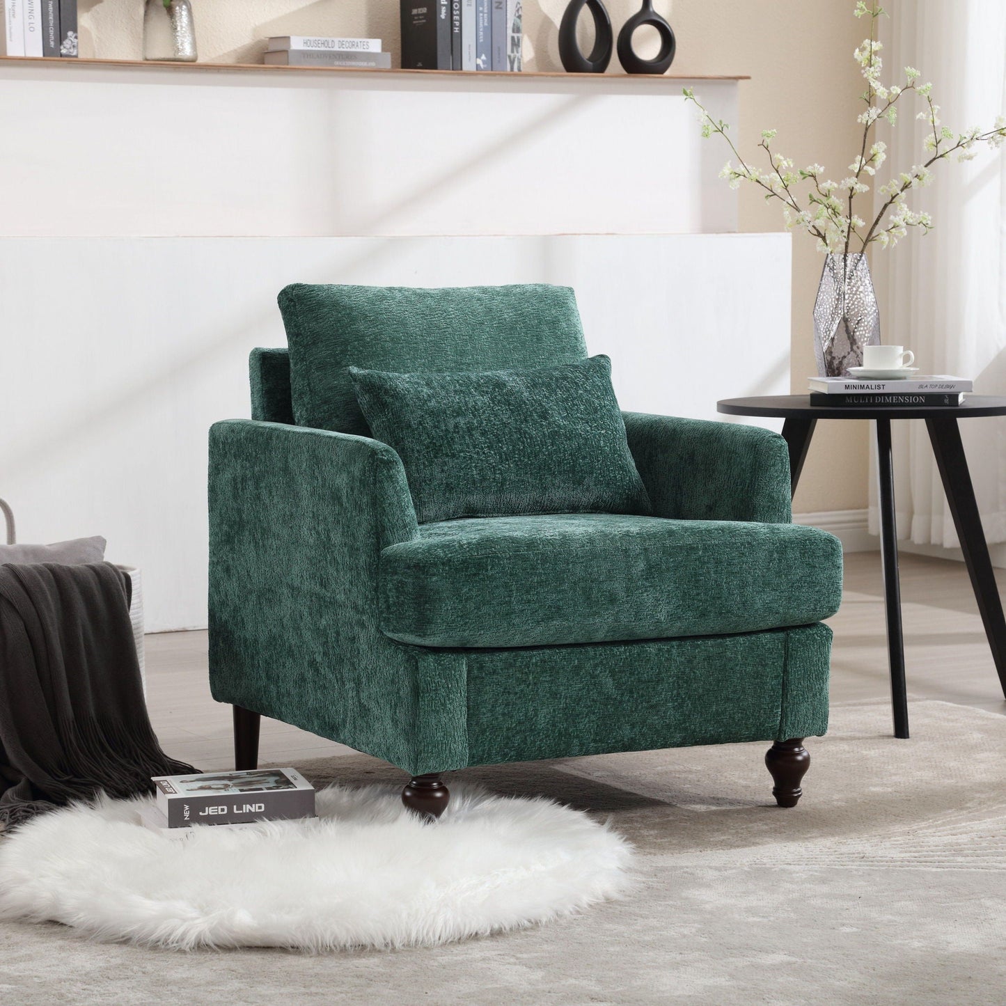 Modern Mid Century Wood Frame Armchair with tufted design in emerald green fabric on Tampa Home & Garden Store