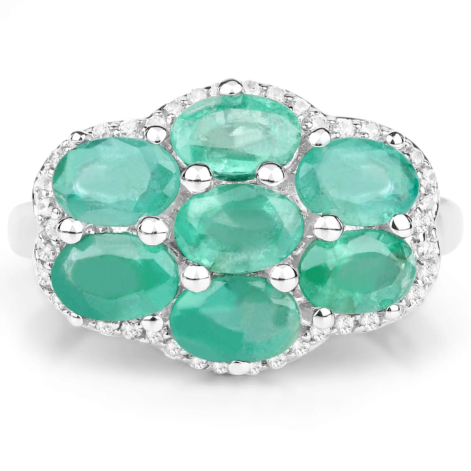 3.33ct Zambian emerald cluster ring with white zircon halo in .925 sterling silver on Tampa Home & Garden Store