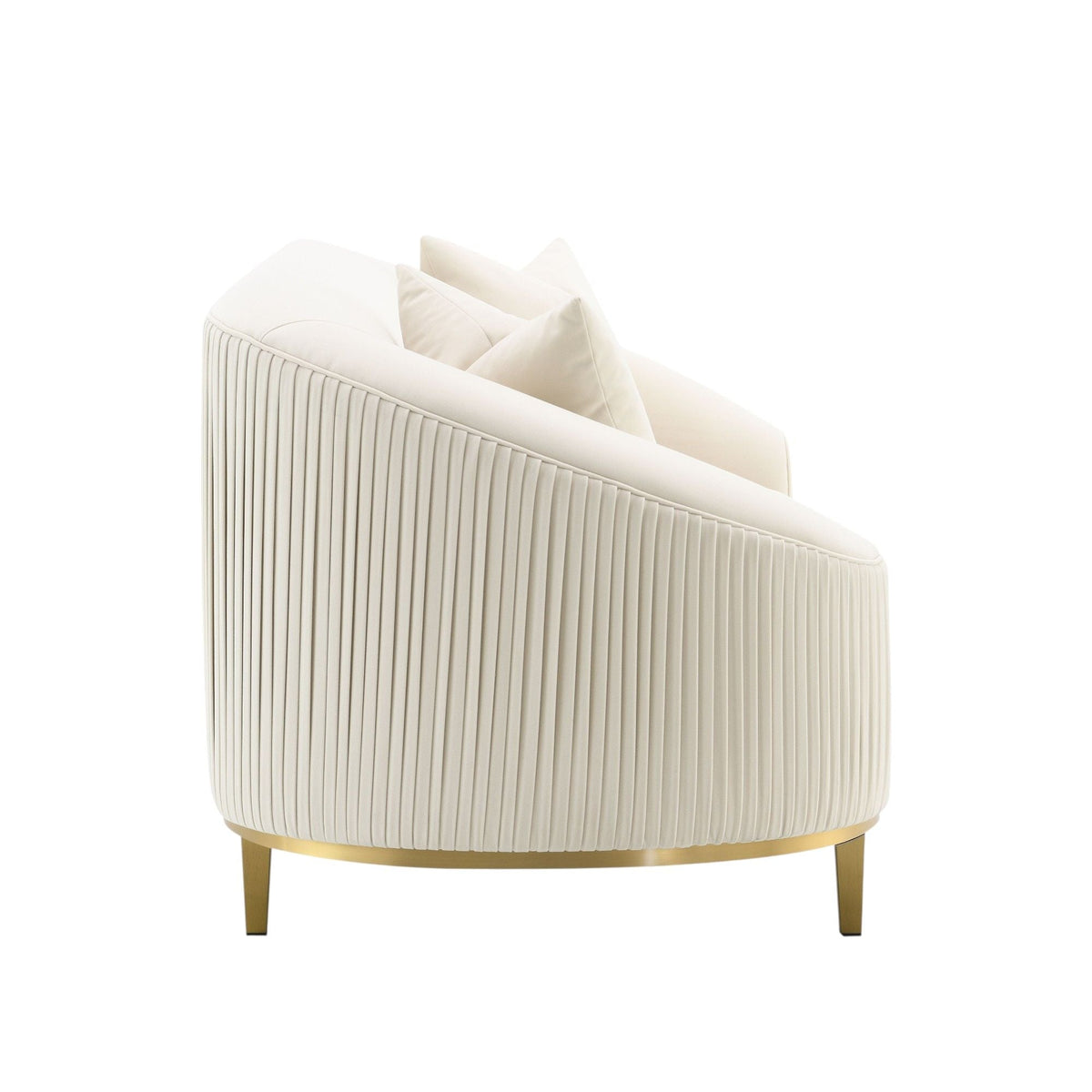Ivory velvet loveseat with 2 pillows and gold metal legs on Tampa Home & Garden Store