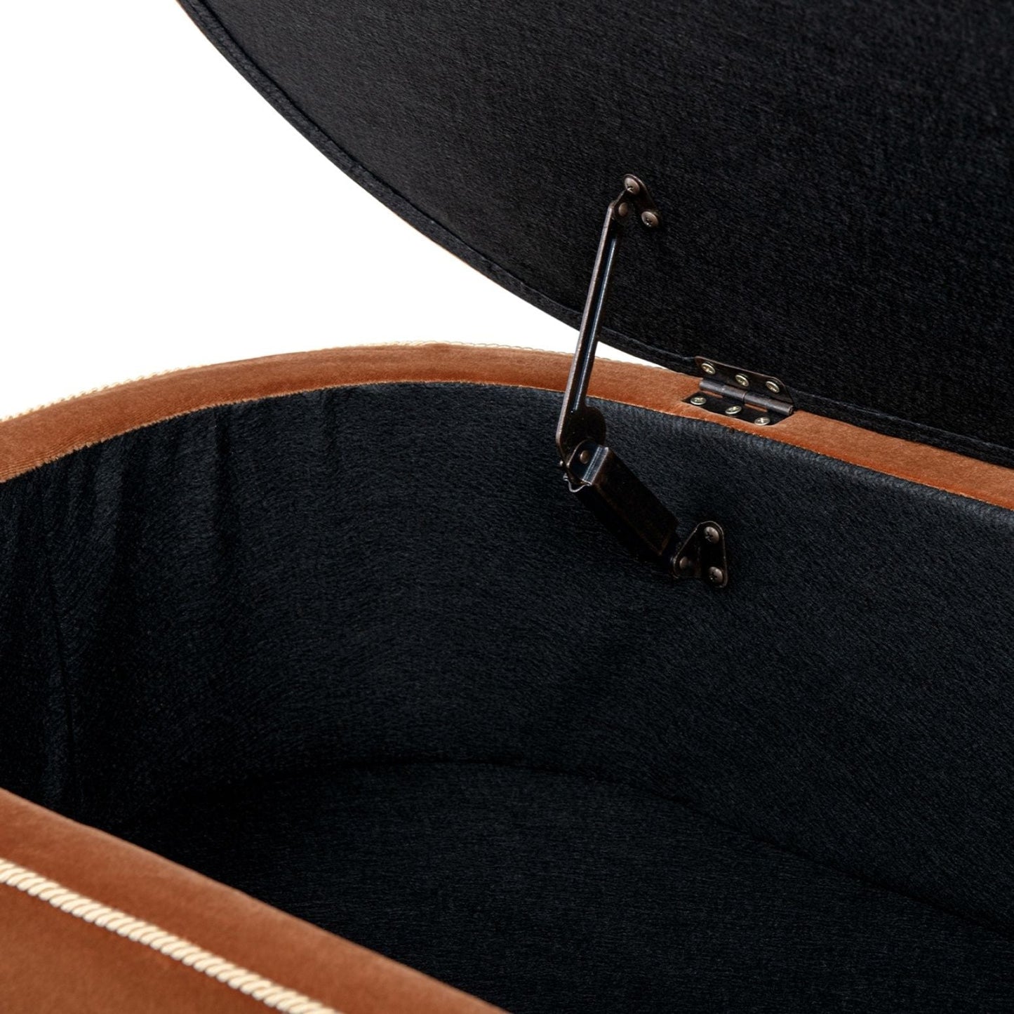 Melinda Oval Tufted Bullion Fringe Storage Bench interior with black lining and tan trim on Tampa Home & Garden Store