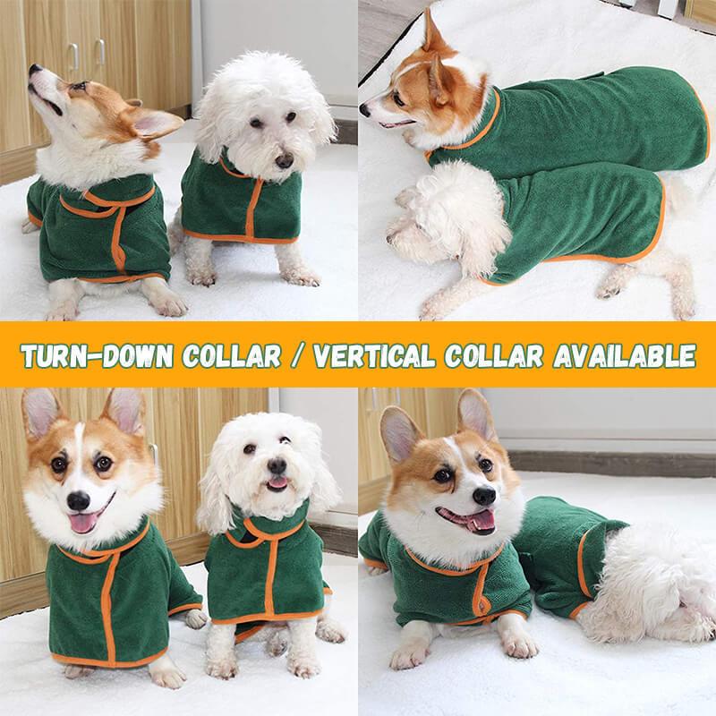 Pet Zen absorbent dog bathrobe in green, waist-wrapped microfiber worn by multiple dogs on Tampa Home & Garden Store