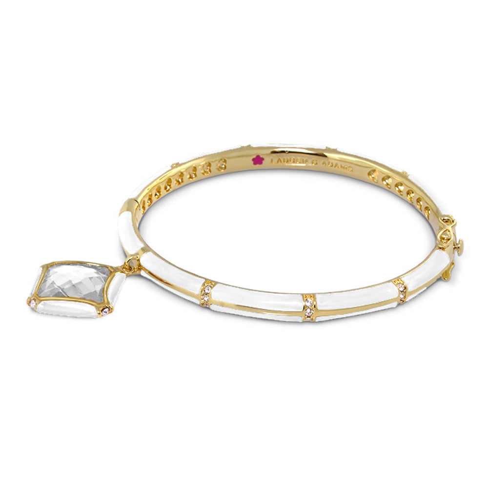 Prince Charming Square Bangle by Lauren G Adams, gold-tone with white enamel and crystal pendant on Tampa Home & Garden Store