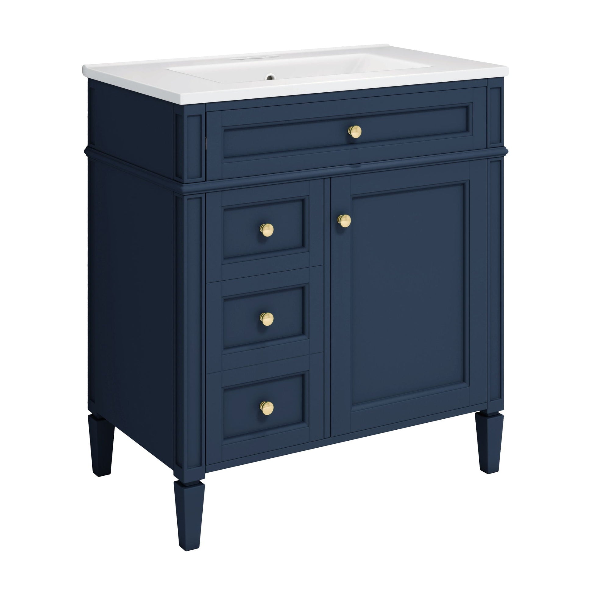 Bathroom vanity cabinet navy blue with white countertop and gold knobs, 2 doors and 4 drawers on Tampa Home & Garden Store