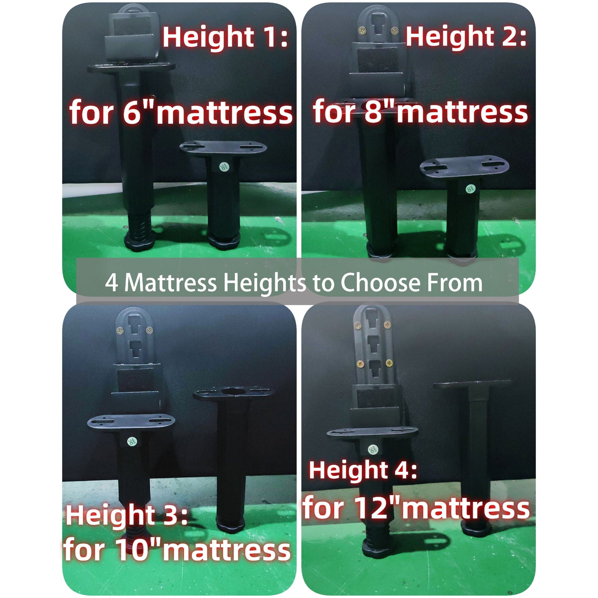Upholstered bed frame with adjustable legs collage showing Height 1-4 for mattresses on Tampa Home & Garden Store
