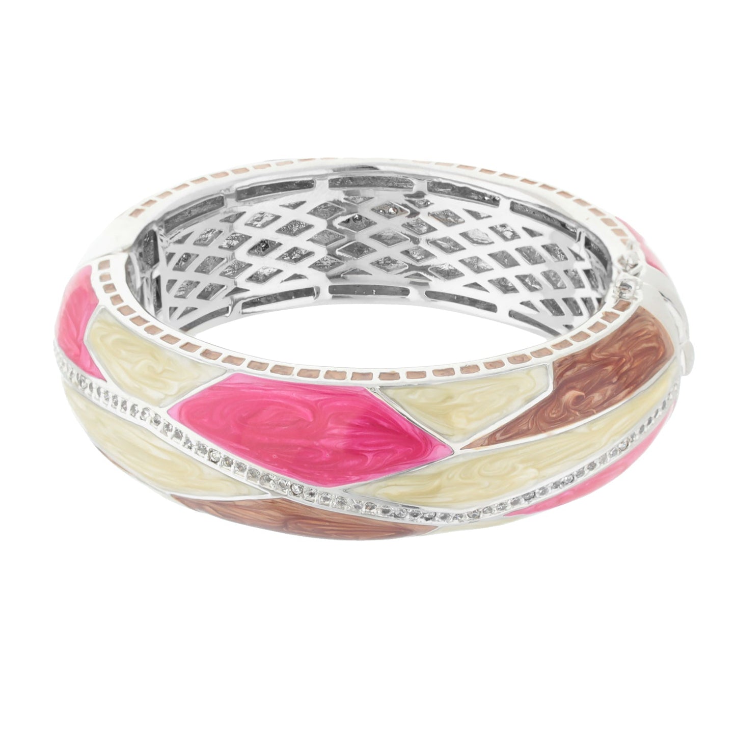 Art Deco Bangle by Lauren G Adams, enamel pink cream brown panels with crystal-studded silver band on Tampa Home & Garden Store