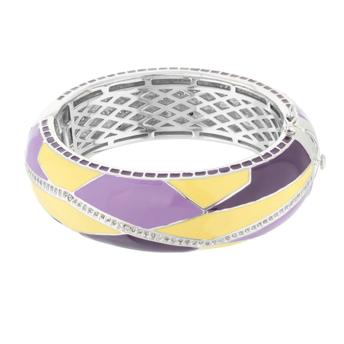 Art Deco Bangle by Lauren G Adams, purple and yellow enamel on silver metal with crystal trim on Tampa Home & Garden Store