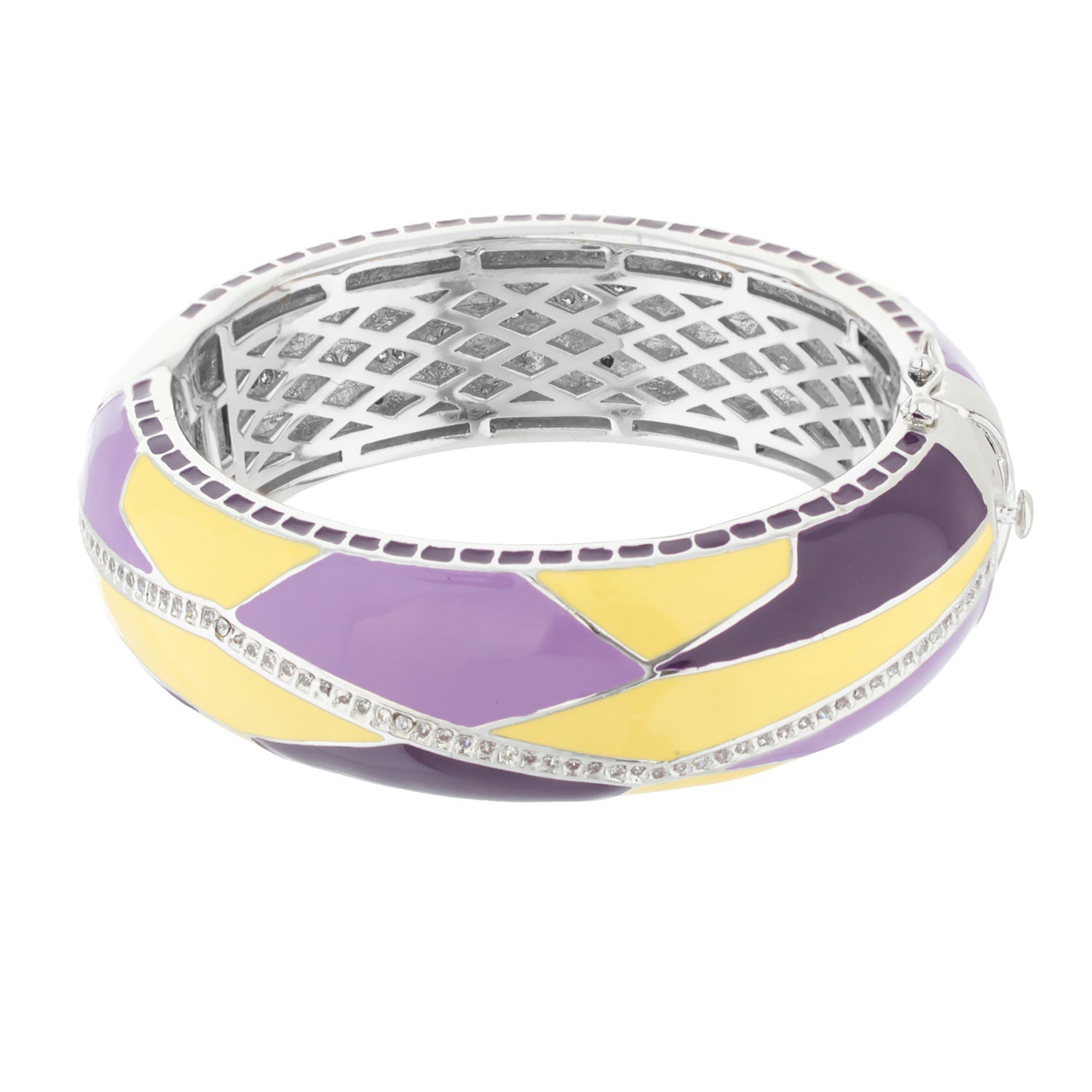 Art Deco Bangle by Lauren G Adams, purple and yellow enamel on silver metal with crystal trim on Tampa Home & Garden Store