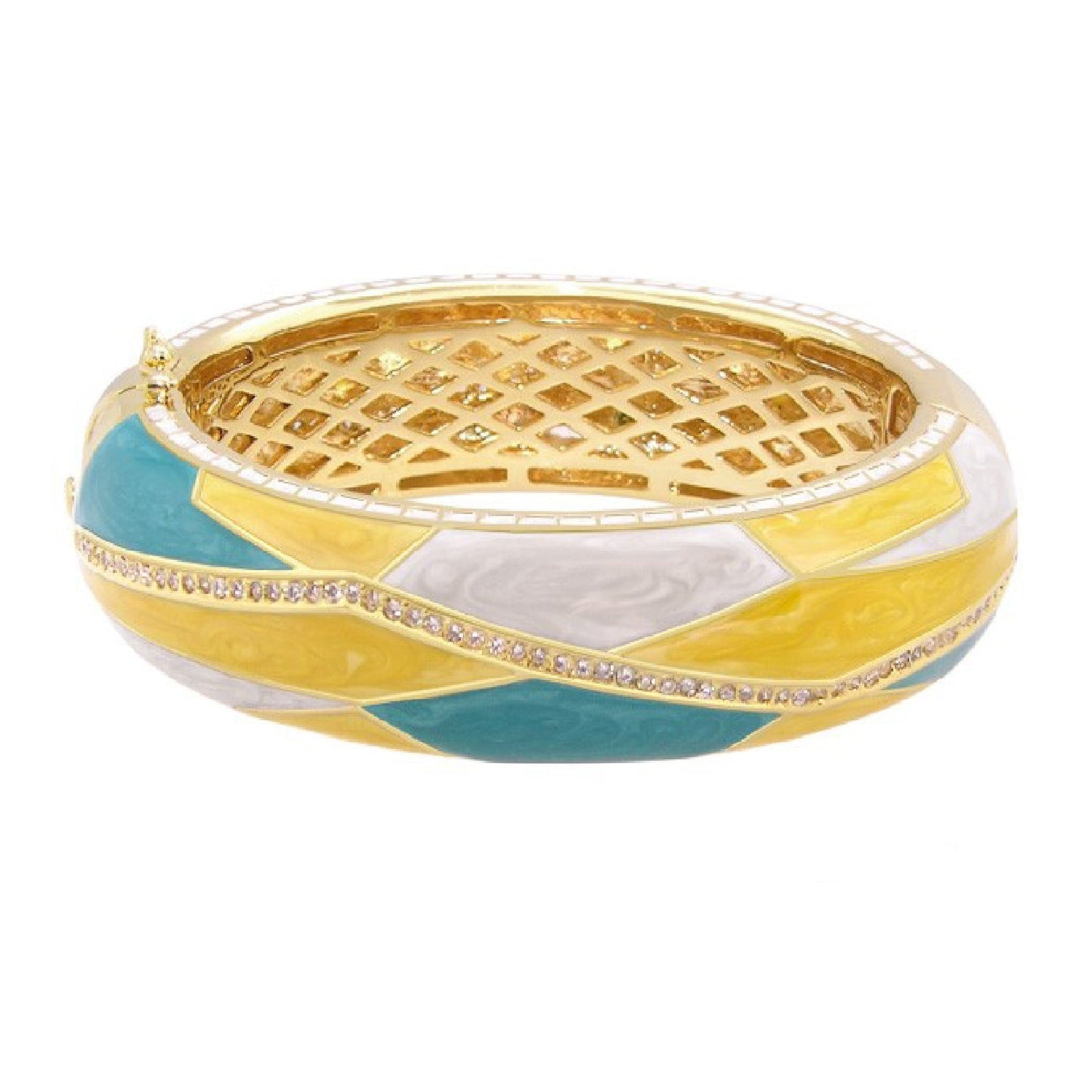Art Deco bangle bracelet by Lauren G Adams in gold with turquoise and yellow enamel panels on Tampa Home & Garden Store