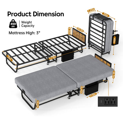 78x31 folding bed with headboard USB charging, black metal frame, gray mattress by HouseOfZazla on Tampa Home & Garden Store