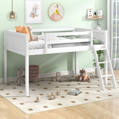 Low loft bed with adjustable ladder in white, HouseOfZazla, kid-friendly bedroom setup on Tampa Home & Garden Store