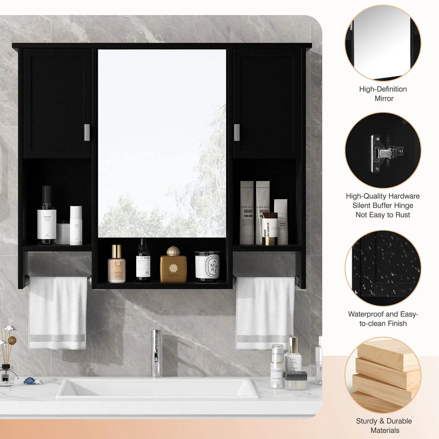 Wall-mounted medicine cabinet with mirror and towel bar in black by Unique Piece Furniture on Tampa Home & Garden Store