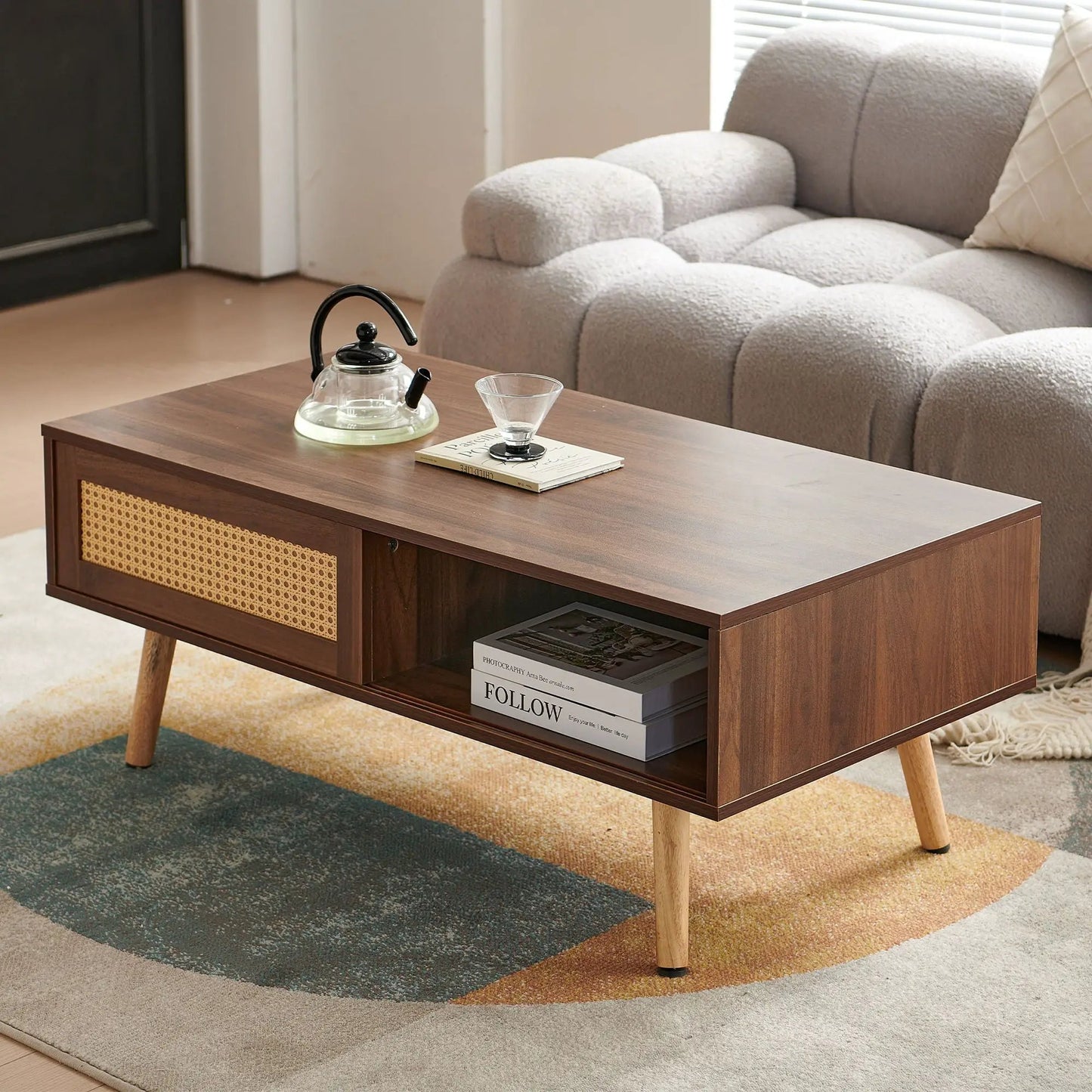41.34-inch rattan coffee table with sliding storage, solid wood legs, modern living room table on Tampa Home & Garden Store