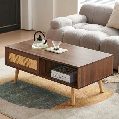 41.34-inch rattan coffee table with sliding storage, solid wood legs, modern living room table on Tampa Home & Garden Store
