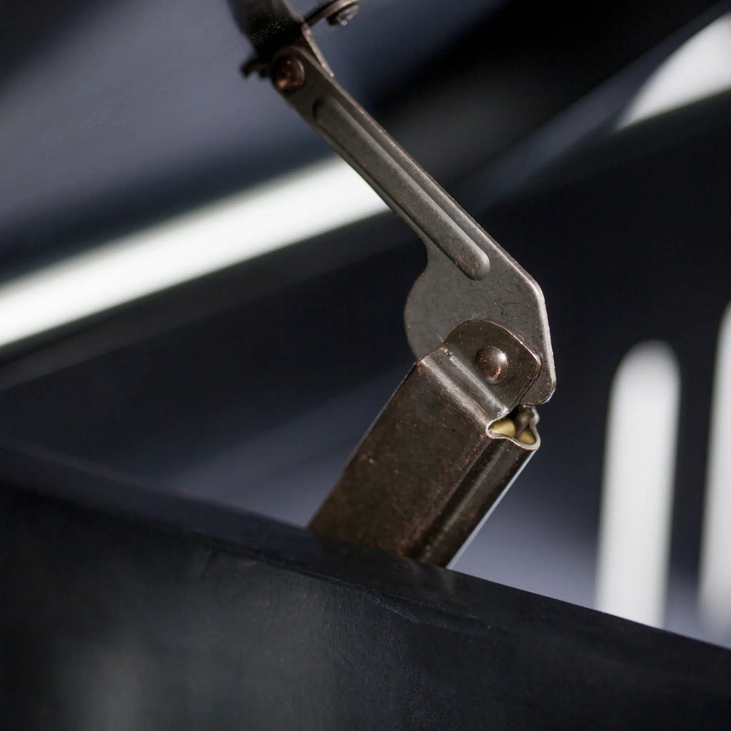 Brooklyn Handcrafted Entryway Storage Bench metal hinge detail in dark iron on Tampa Home & Garden Store
