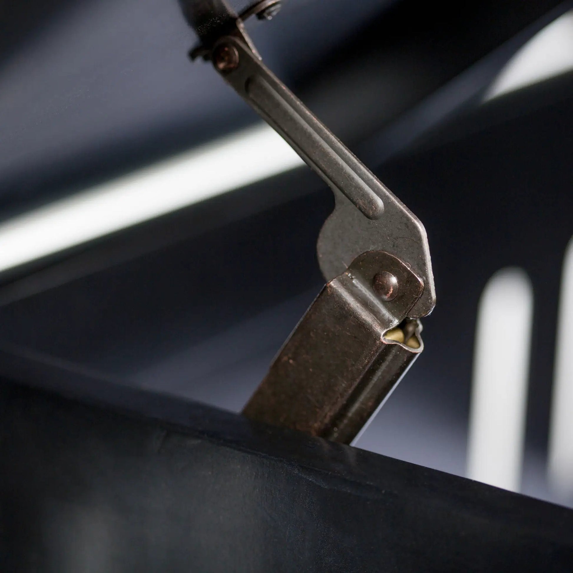 Brooklyn Handcrafted Entryway Storage Bench metal hinge detail in dark iron on Tampa Home & Garden Store
