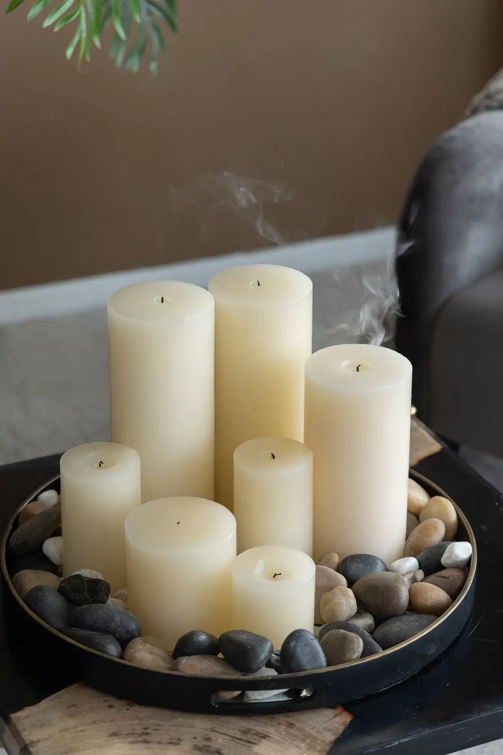 Unscented soy wax candle set in ivory by Unique Piece Furniture on round tray with stones on Tampa Home & Garden Store