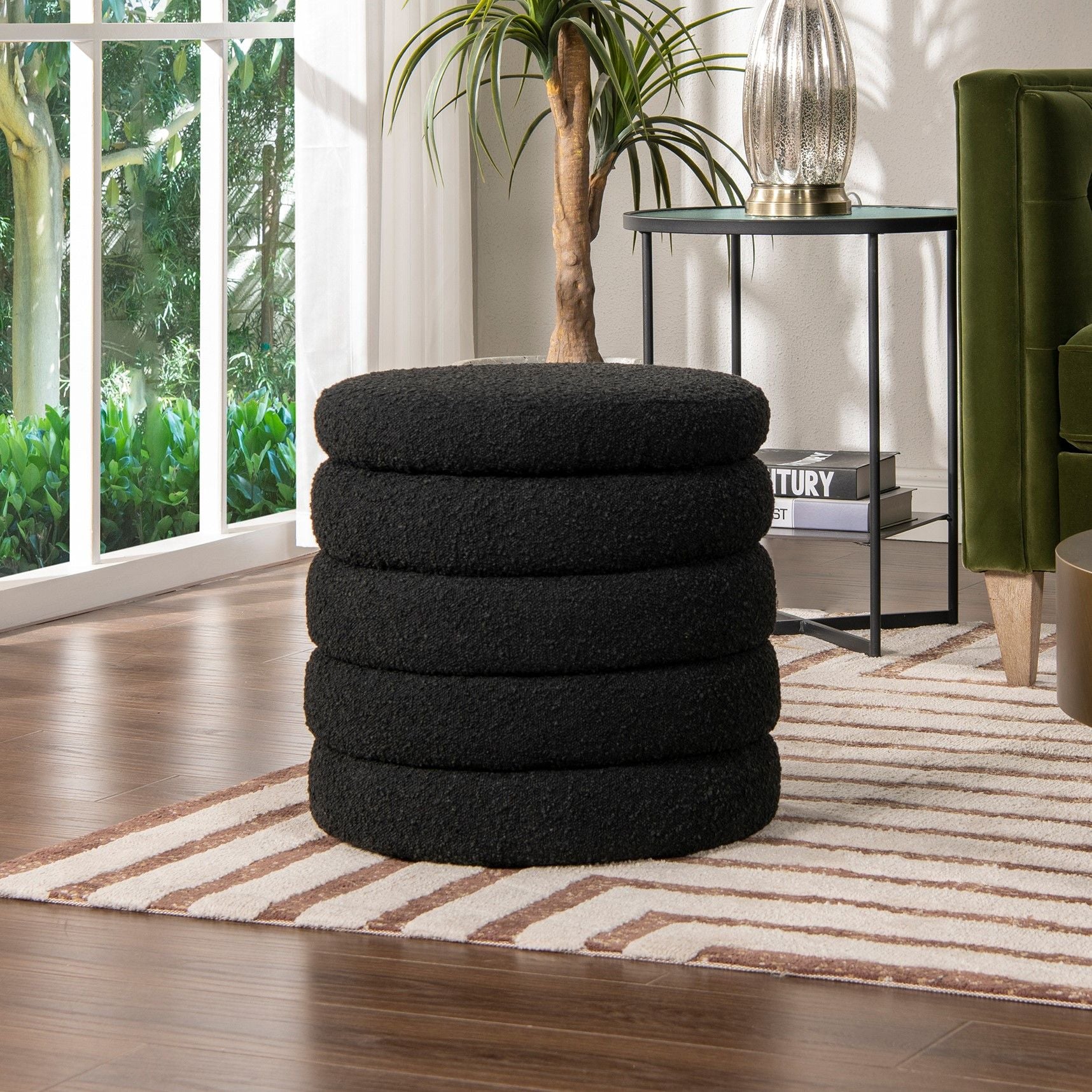 Fuji oversized round storage ottomans by HouseOfZazla, set of 4 in black textured fabric on Tampa Home & Garden Store