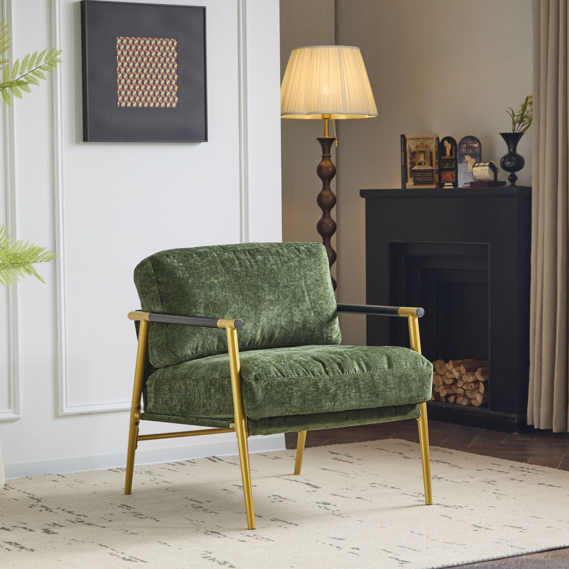 Modern Accent Chair with plush green velvet cushions and gold metal frame on Tampa Home & Garden Store