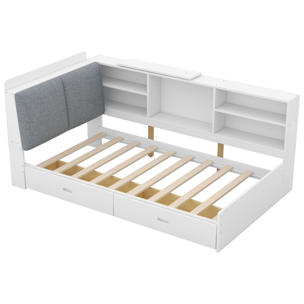 White platform bed with storage headboard, gray fabric panel, shelves and two drawers on Tampa Home & Garden Store