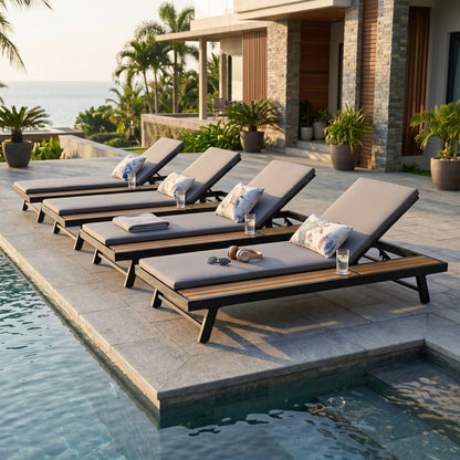 Black Iron and Teak Outdoor Chaise Lounge Set