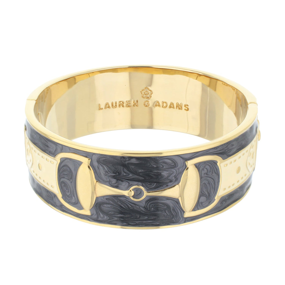 Equestrian Bangle Grey Snaffle by Lauren G Adams, gold-tone bracelet with blue-gray enamel panels on Tampa Home & Garden Store