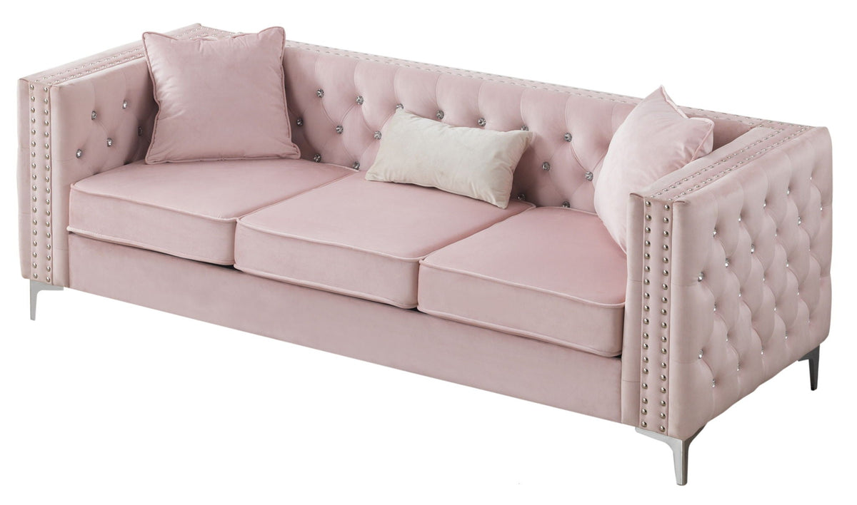 Paige stationary sofa by HouseOfZazla in blush pink velvet with tufted back and crystal buttons on Tampa Home & Garden Store