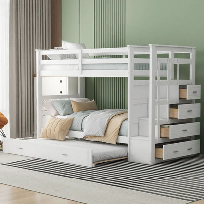 White twin over twin bunk bed with staircase, trundle and built-in drawers by Unique Piece Furniture on Tampa Home & Garden Store