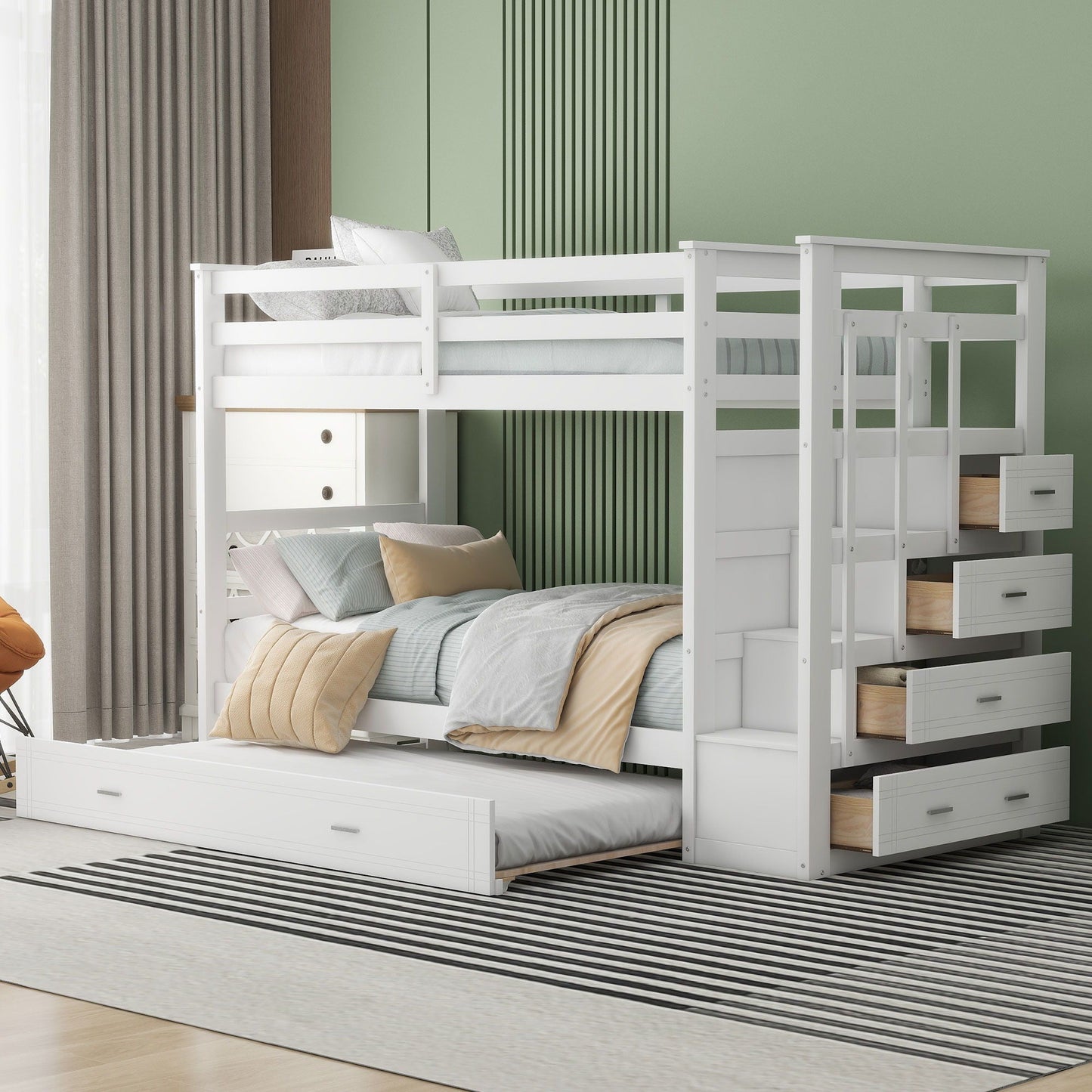 White Twin Bunk Bed With Drawers and Trundle