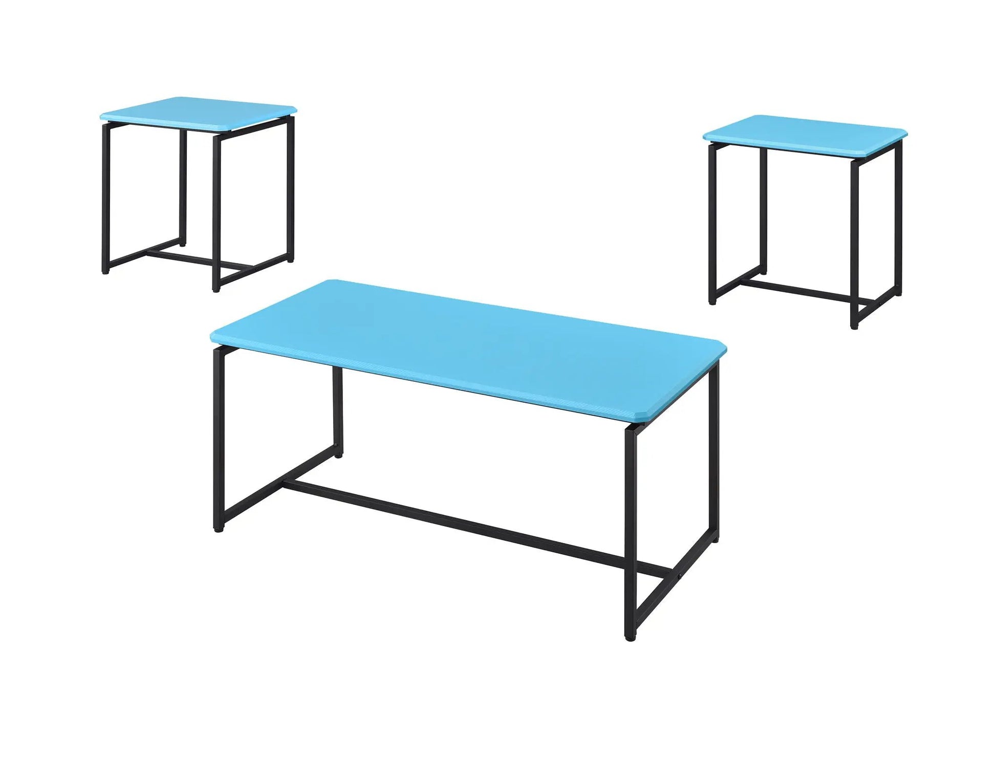 GT 3-Piece Carbon Fiber Wrap coffee and end tables set with blue tops and black metal frames on Tampa Home & Garden Store