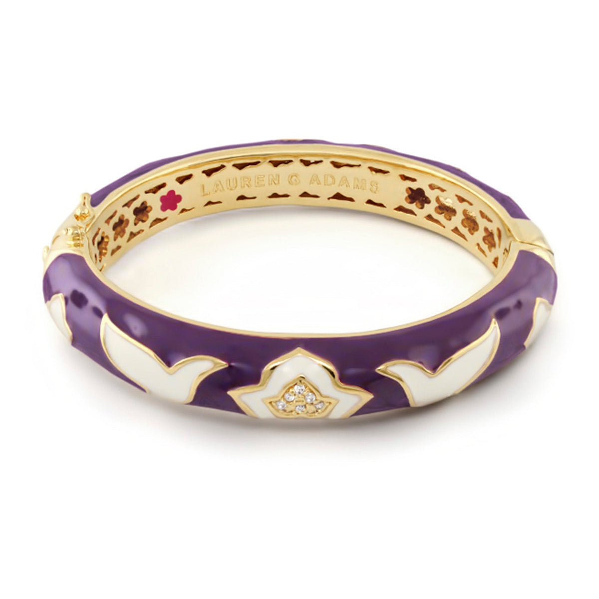 Peace and Dove Bangle by Lauren G Adams, purple enamel with gold trim and diamond accents on Tampa Home & Garden Store