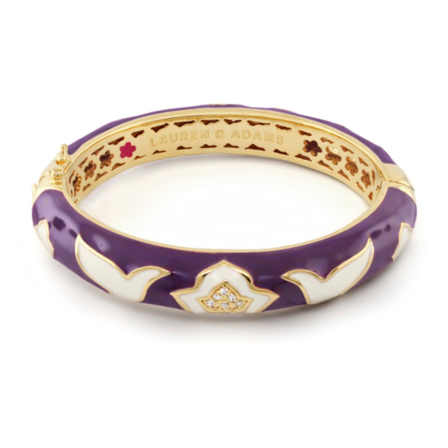 Peace and Dove Bangle by Lauren G Adams, purple enamel with gold trim and diamond accents on Tampa Home & Garden Store